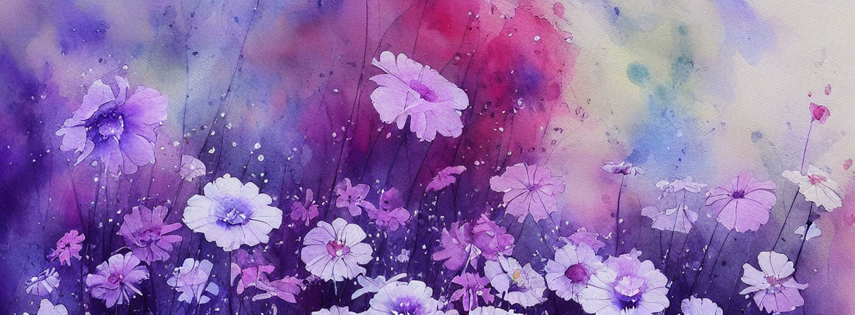 Purple and White Flowers Watercolor Painting with Dreamy Rainy Background