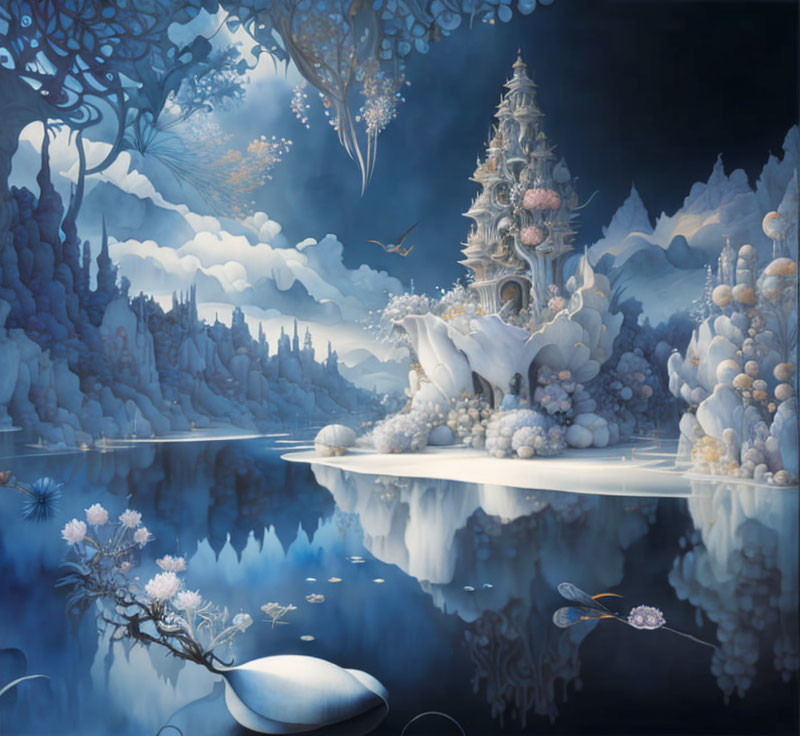 Ethereal snowy landscape with fantastic castle and blue flora
