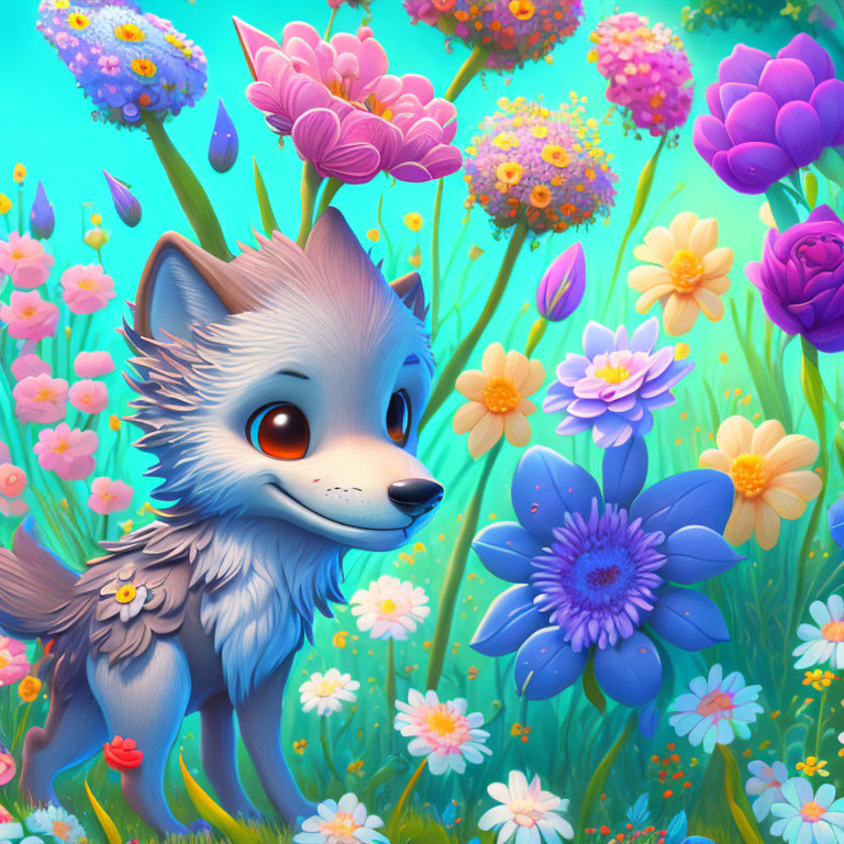Blue-gray animated fox surrounded by vibrant flowers