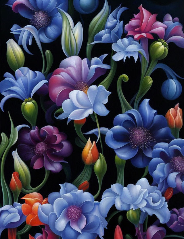 Illustrated Flowers in Blue, Purple, and Pink on Dark Background