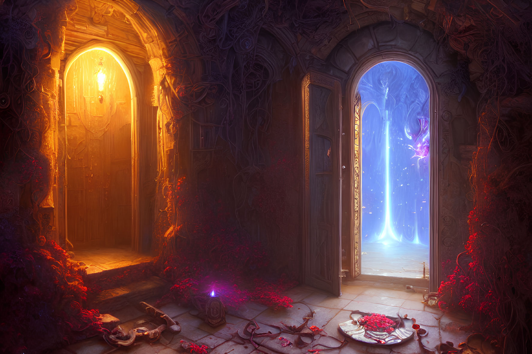 Mystical room with ornate glowing and magical doors, vines, and red petals scattered.
