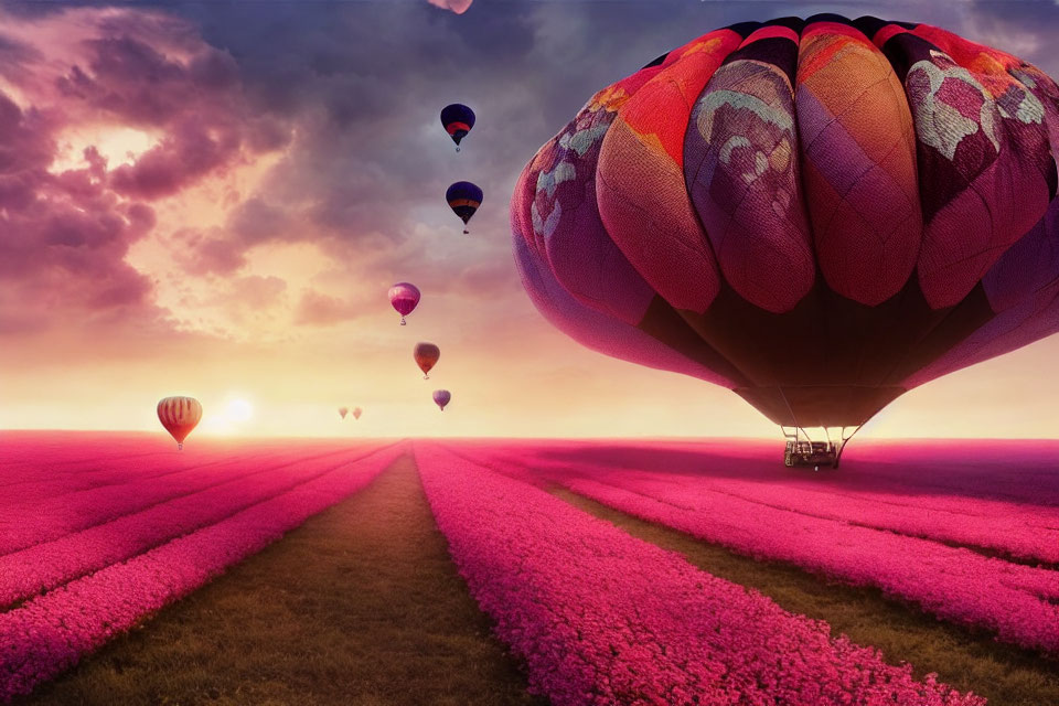 Vibrant hot air balloons over pink tulip field at sunset