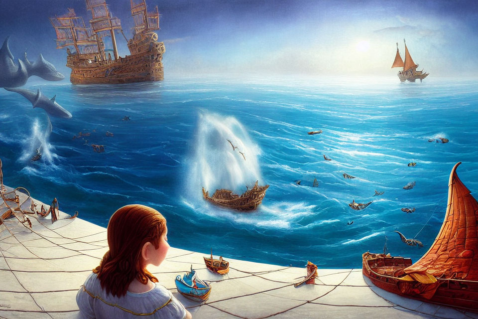 Fantastical sea scene with dolphins, ships, and whale under surreal sky