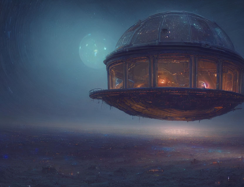 Floating observatory with illuminated dome over night landscape