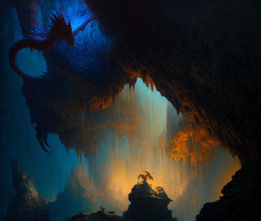 Majestic red dragon on cavern with blue light and silhouetted figure