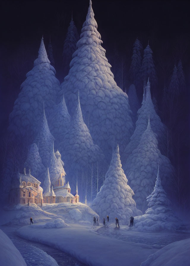 Snowy Winter Night Scene: Snow-Covered Trees, Lit House, People with Lanterns