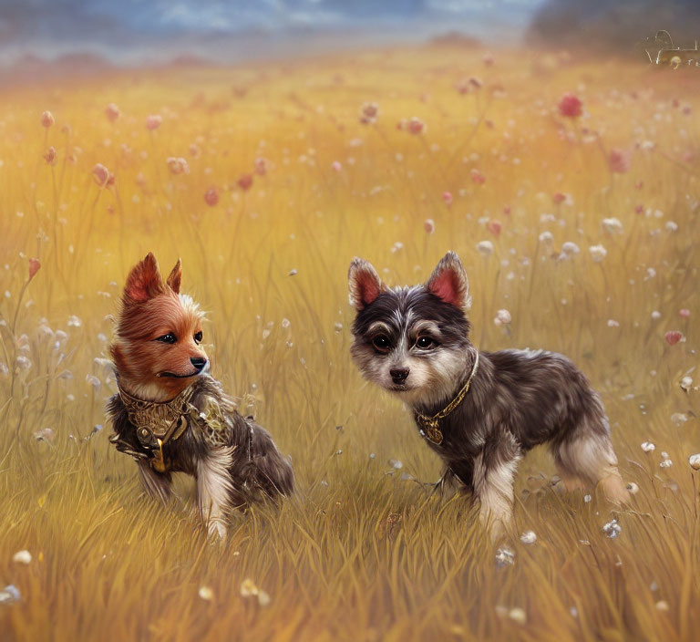 Fluffy dogs with collars in grassy field under golden sky