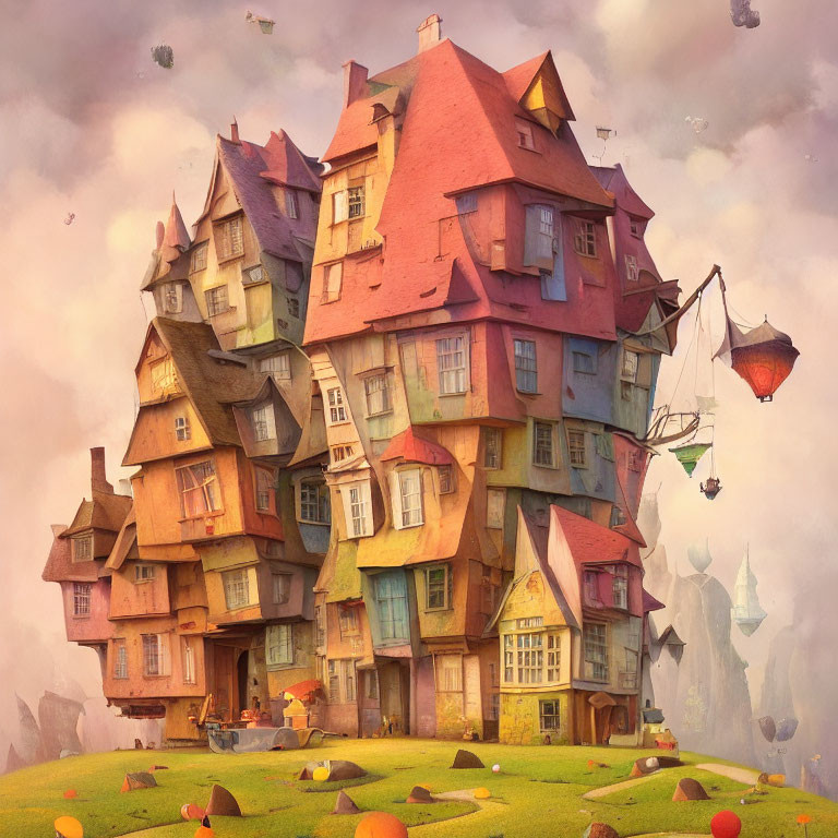 Colorful Crooked Houses Stacked in Dreamy Landscape