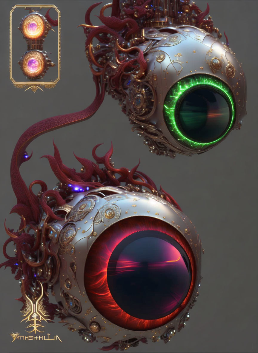 Intricate fantasy illustration of ornate mechanical eyeballs