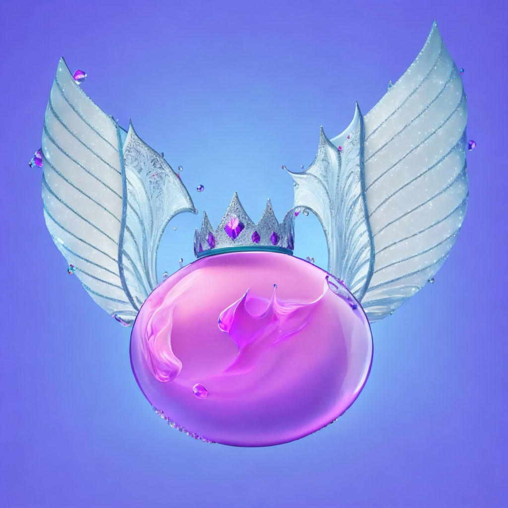 Shiny crown on pink orb with ice-like wings on purple backdrop