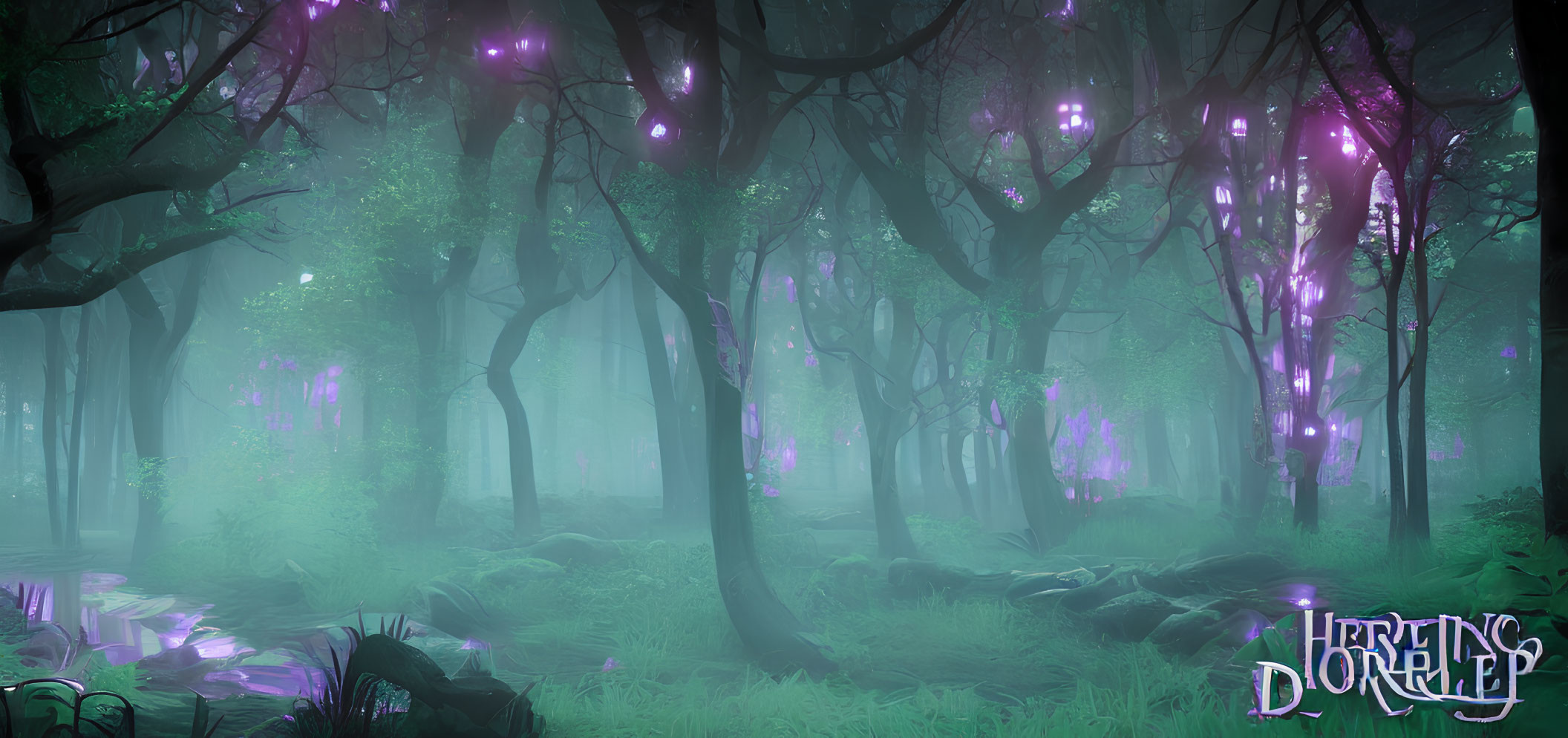 Ethereal purple lights in misty forest with "Heretic Operative" logo