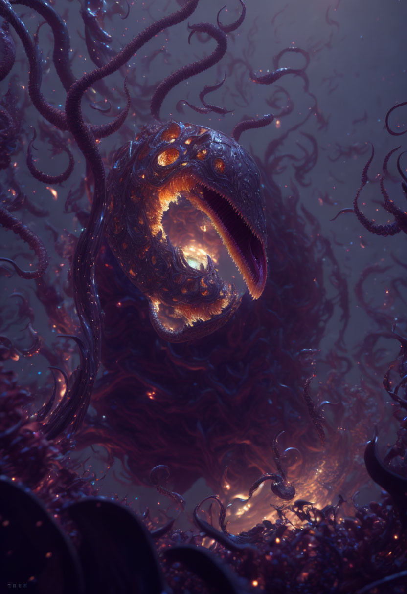 Menacing creature with multiple eyes and tentacles in dark, undersea-like backdrop.