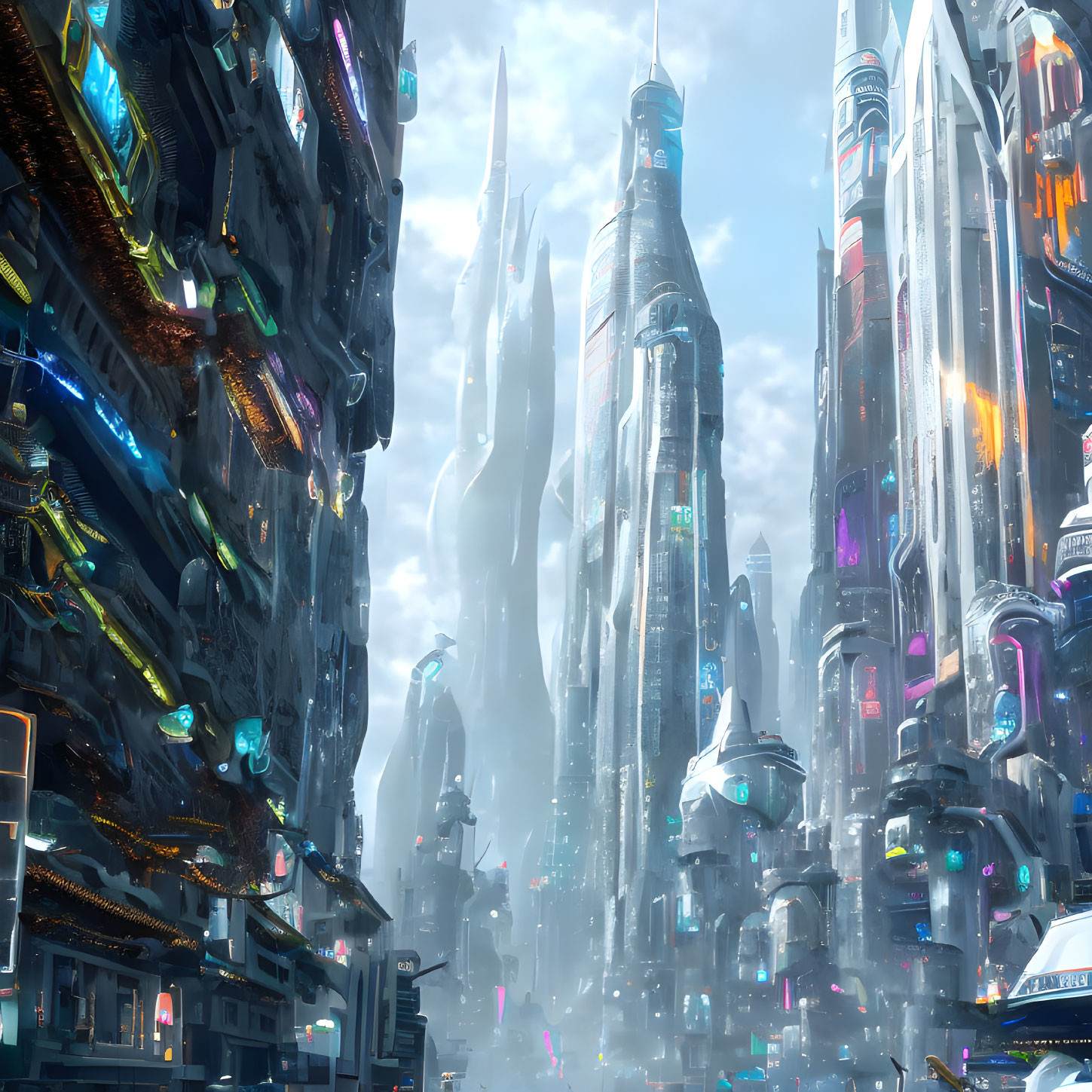 Futuristic cityscape with skyscrapers, neon signs, and flying vehicles