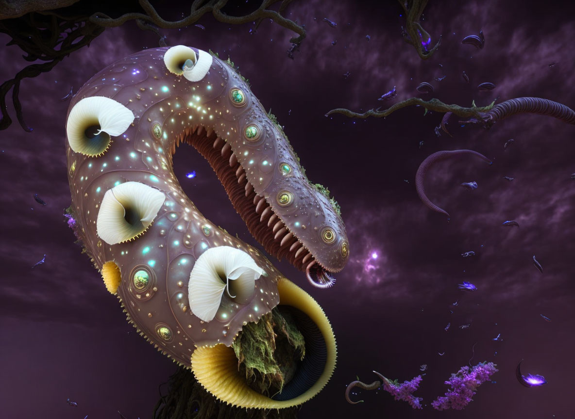 Fantastical serpent creature with multiple eyes in cosmic setting