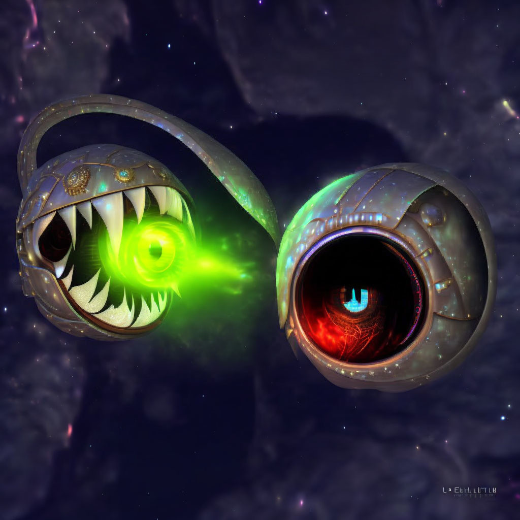 Stylized monstrous eyes with intricate detailing in cosmic backdrop.