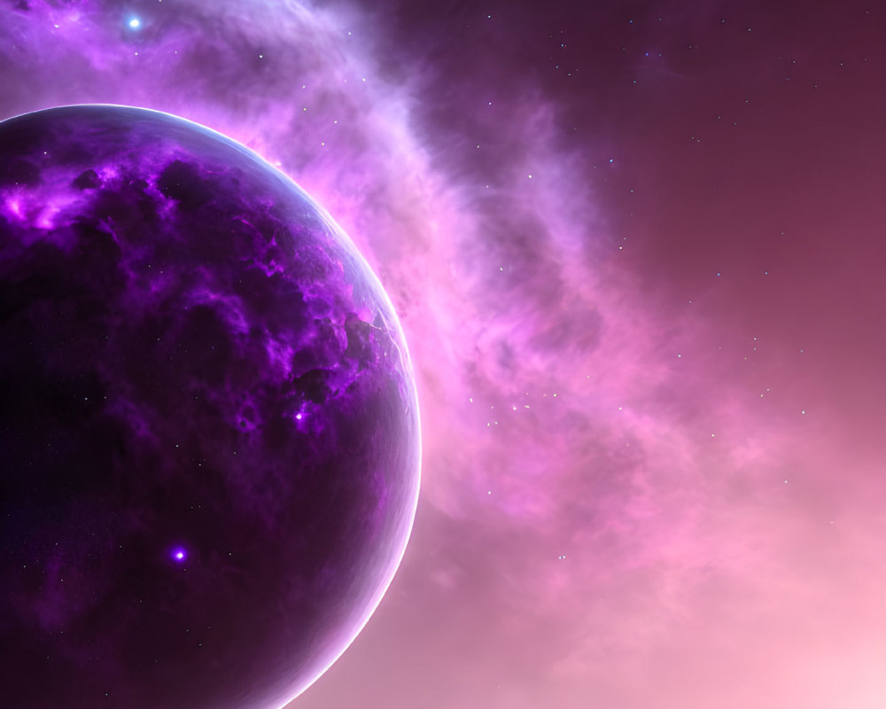 Colorful Space Scene with Large Purple Planet and Nebulae