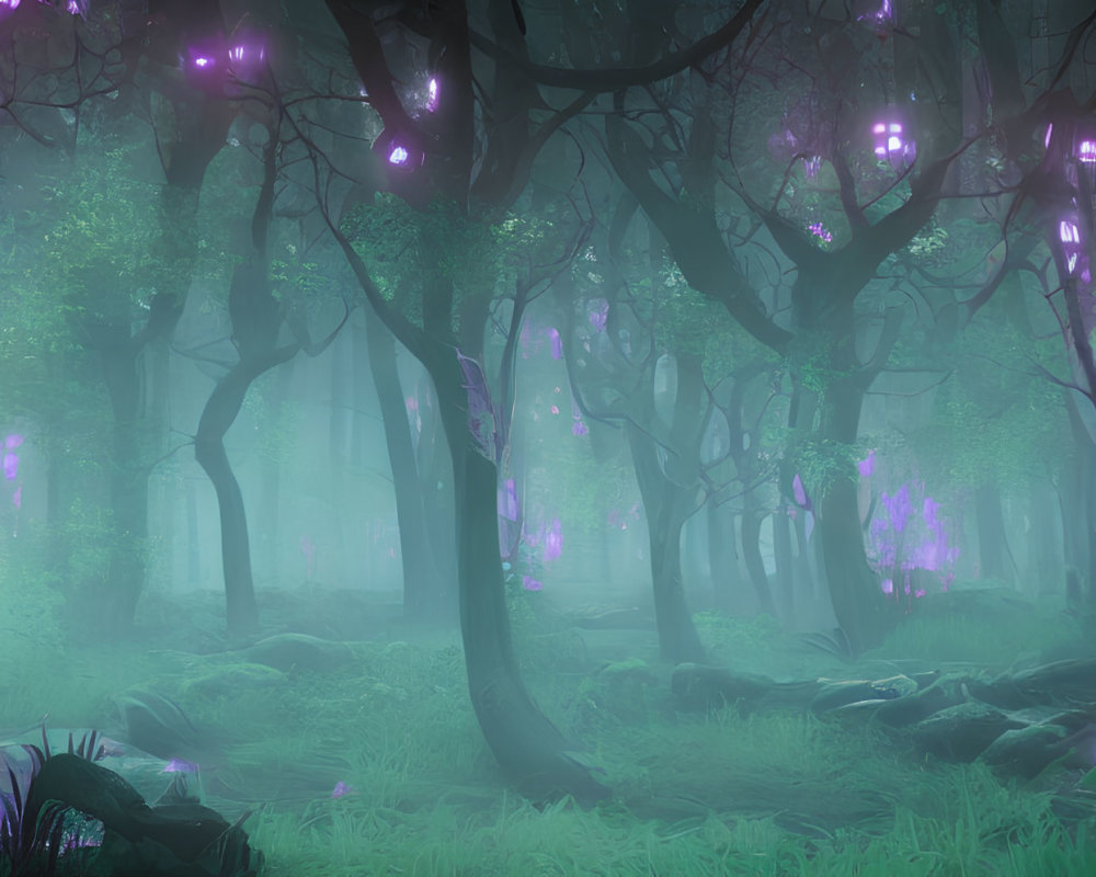 Ethereal purple lights in misty forest with "Heretic Operative" logo