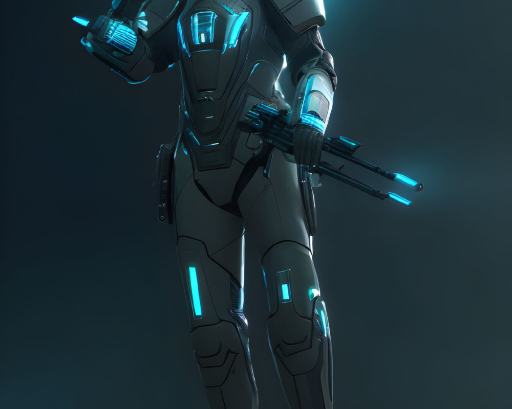 Armored futuristic figure with blue accents holding energy rifle against dark backdrop