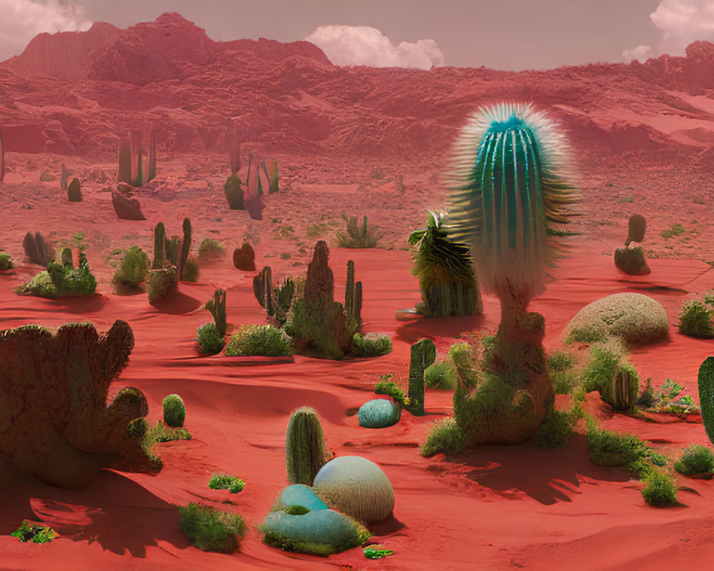 Red desert landscape with green cacti under a hazy sky