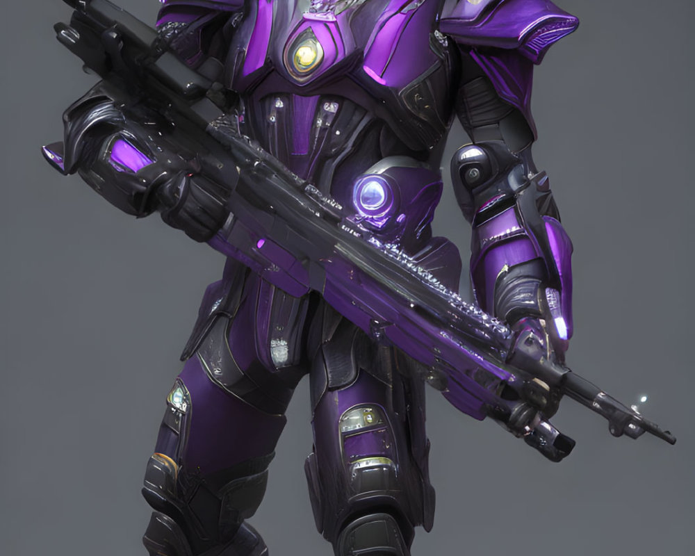 Futuristic soldier in purple and black armor with high-tech rifle