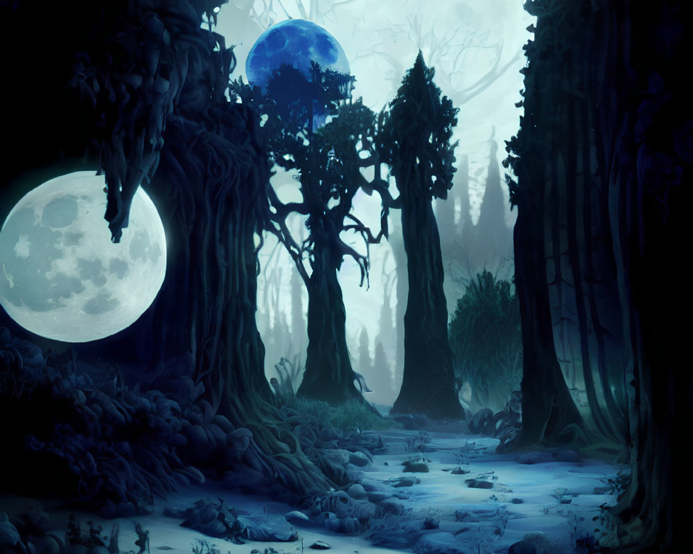 Enchanting night forest with two moons and shadowy trees