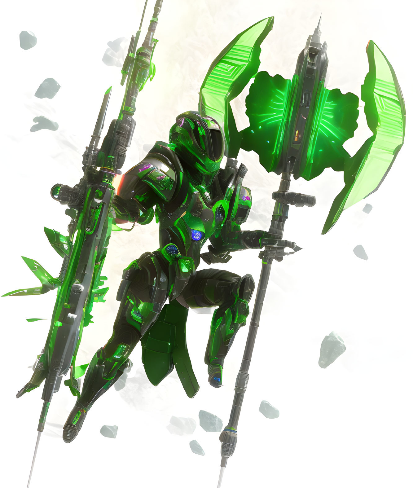 Green Armored Character with Wings and Lance in Action Scene