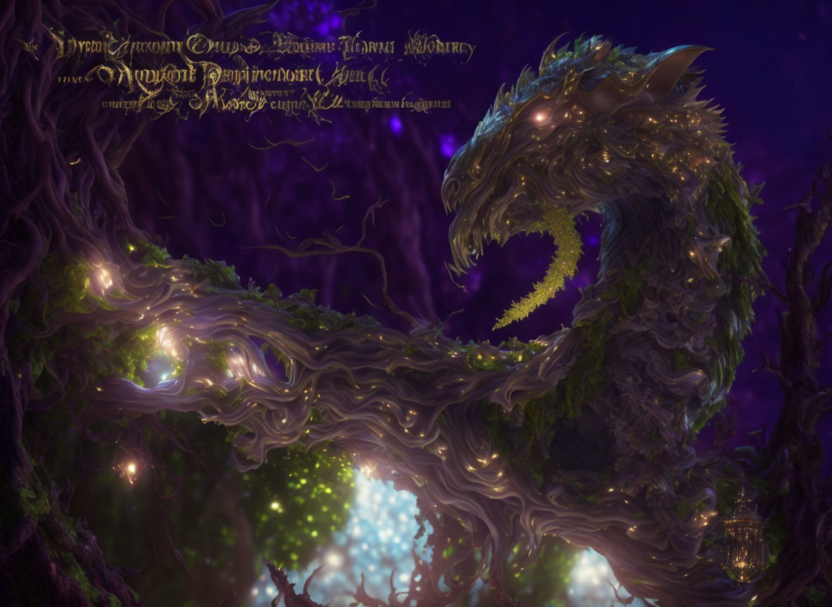 Mystical foliage dragon with green eyes in enchanted forest