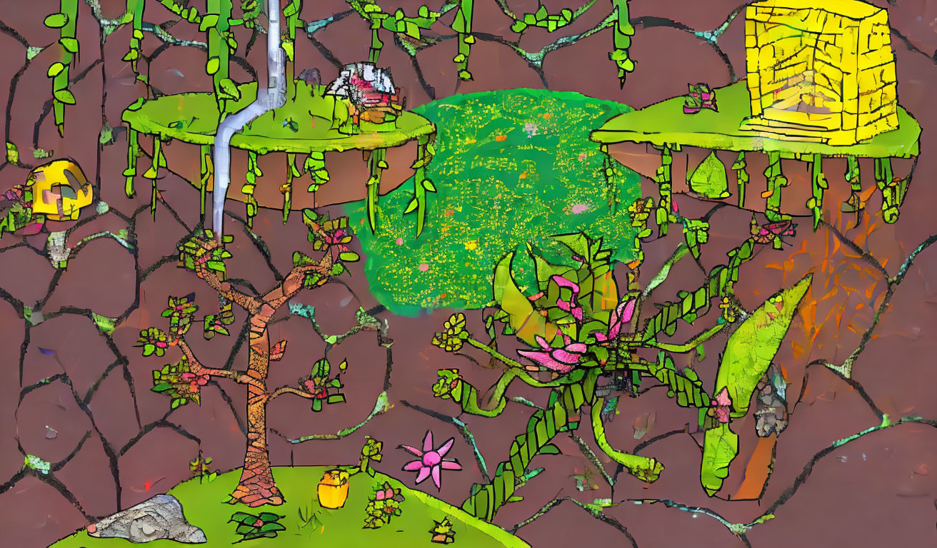 Colorful digital artwork of whimsical garden with fantastical elements