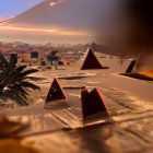Digital art landscape of pyramid structures in desert oasis