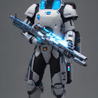Futuristic soldier in white and blue armor with sci-fi rifle on grey backdrop