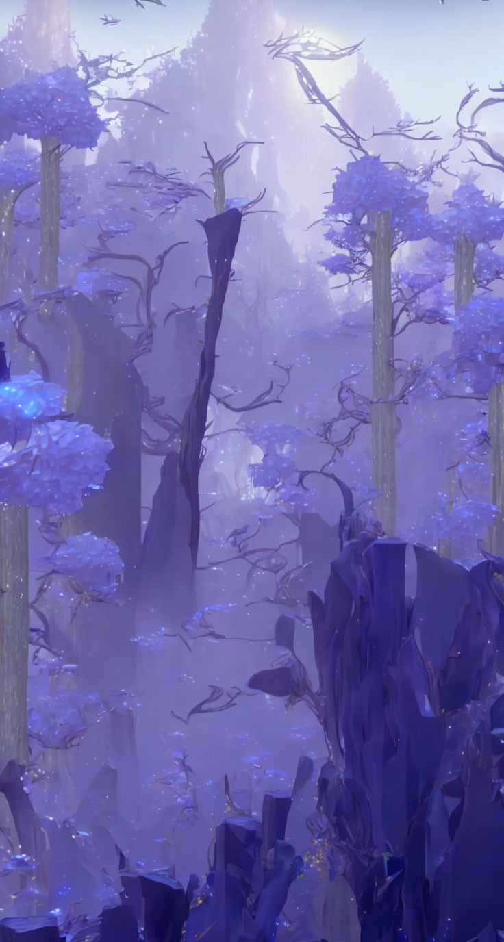 Purple Forest with Crystal Formations and Blooming Trees in Ethereal Landscape