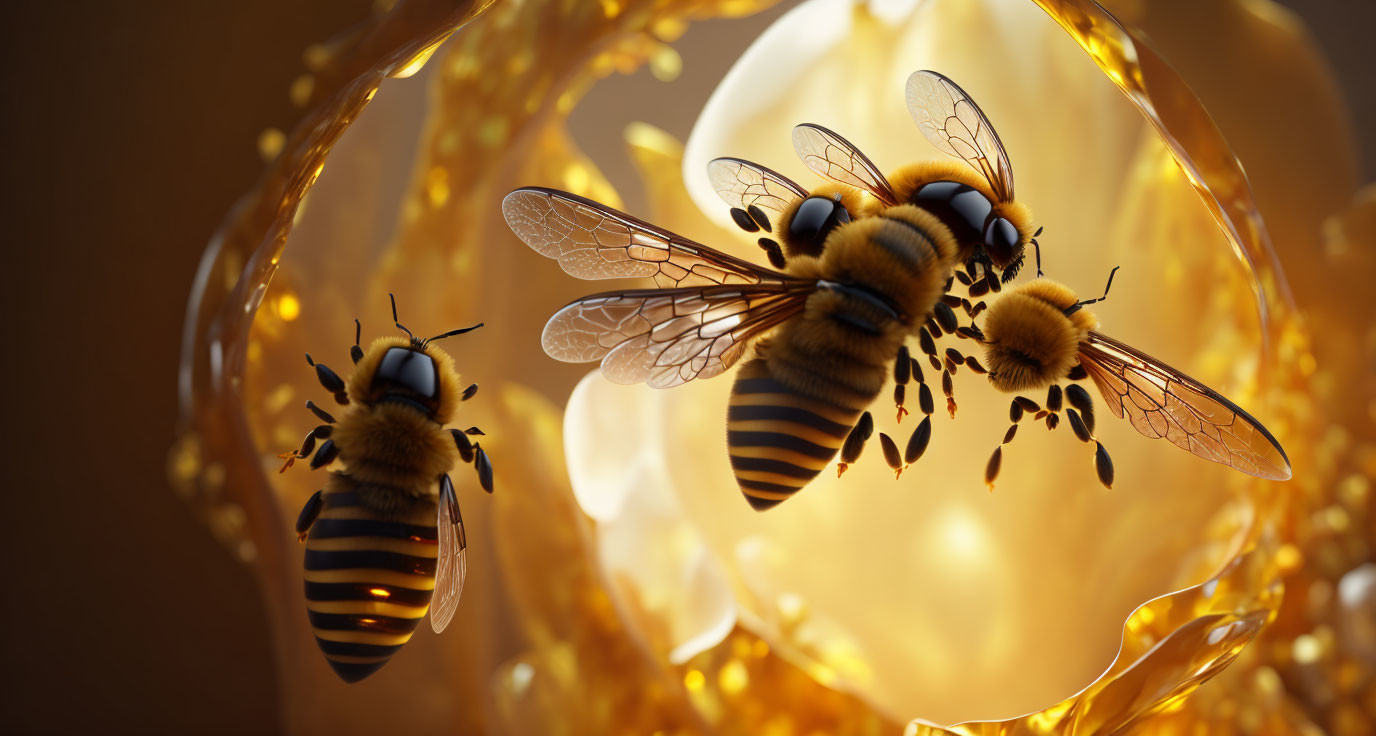 Translucent winged honeybees on warm amber backdrop