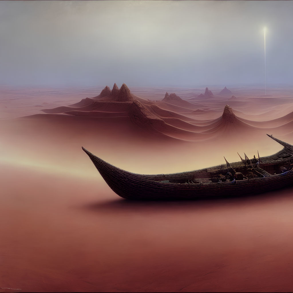 Surreal Viking ship on red dunes under hazy sky