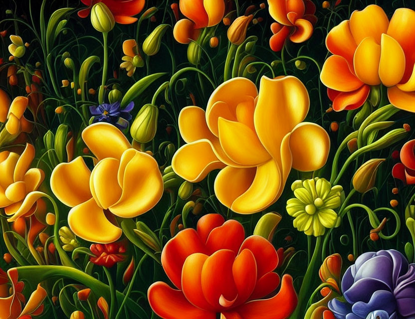 Colorful digital painting of lush garden with yellow, orange, and blue flowers