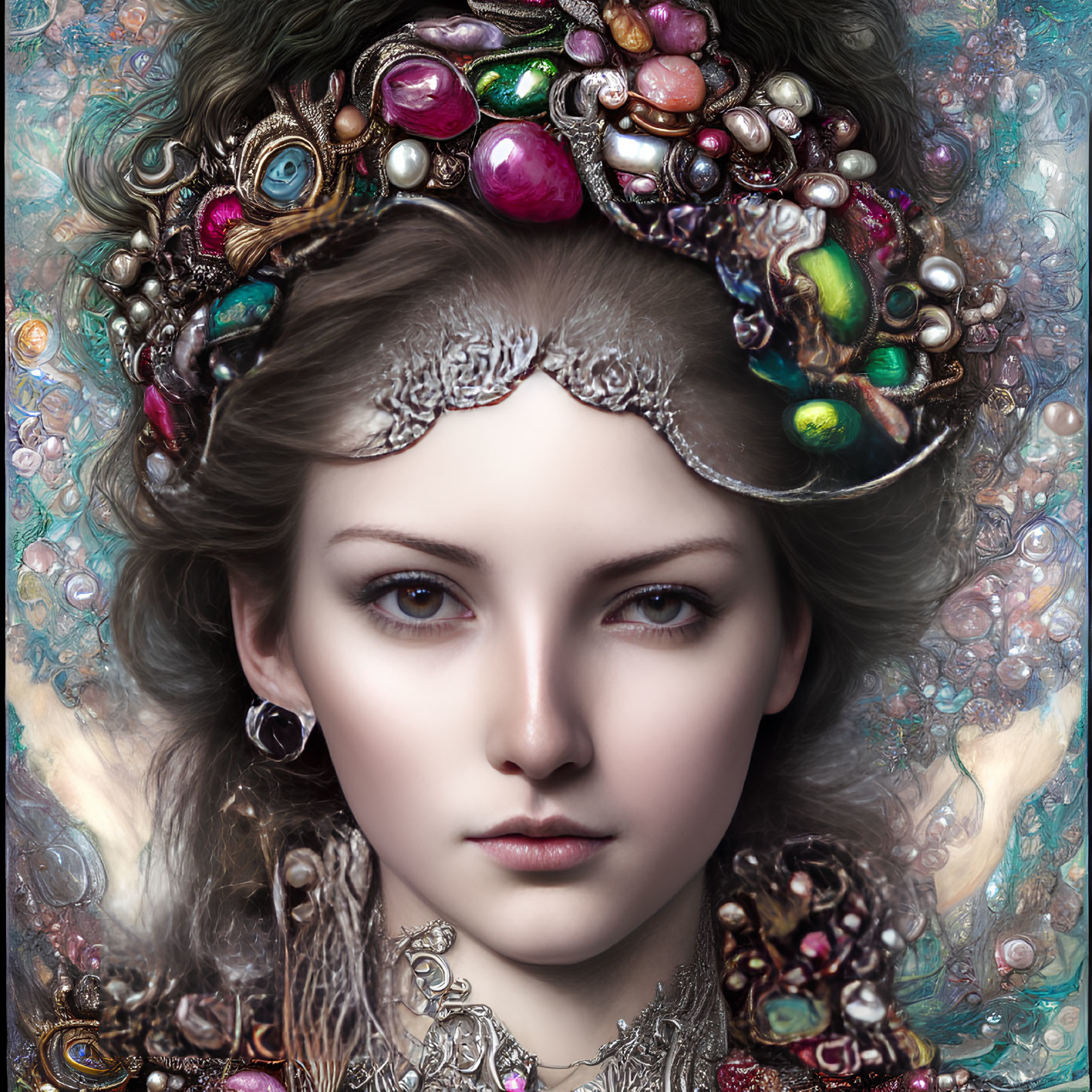 Colorful Gemstone Ornate Headpiece Portrait in Kaleidoscopic Background