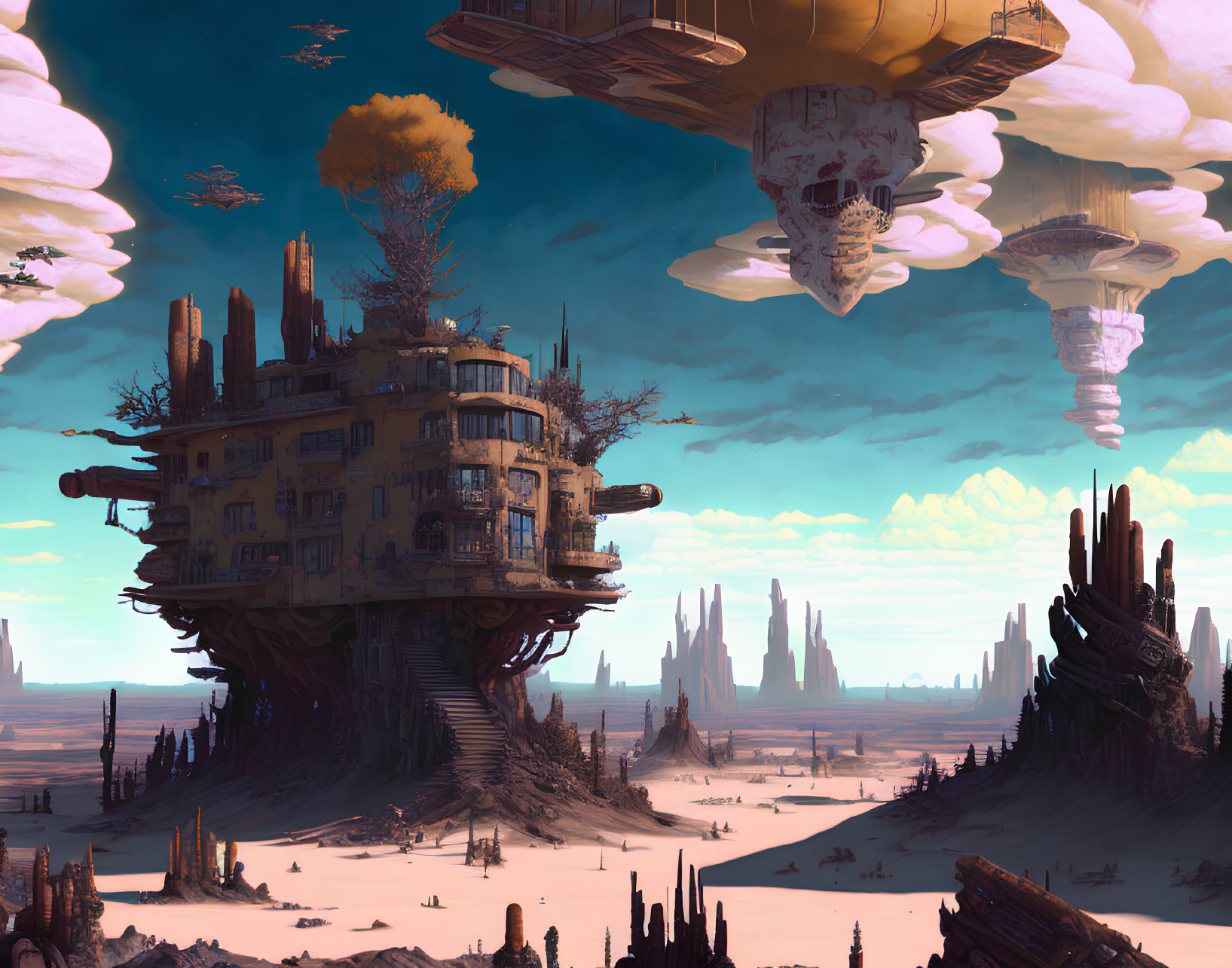 Futuristic floating cities above desert with rock formations and lone tree