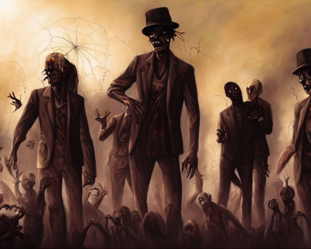 Eerie zombie-like figures in haunting sepia-toned artwork