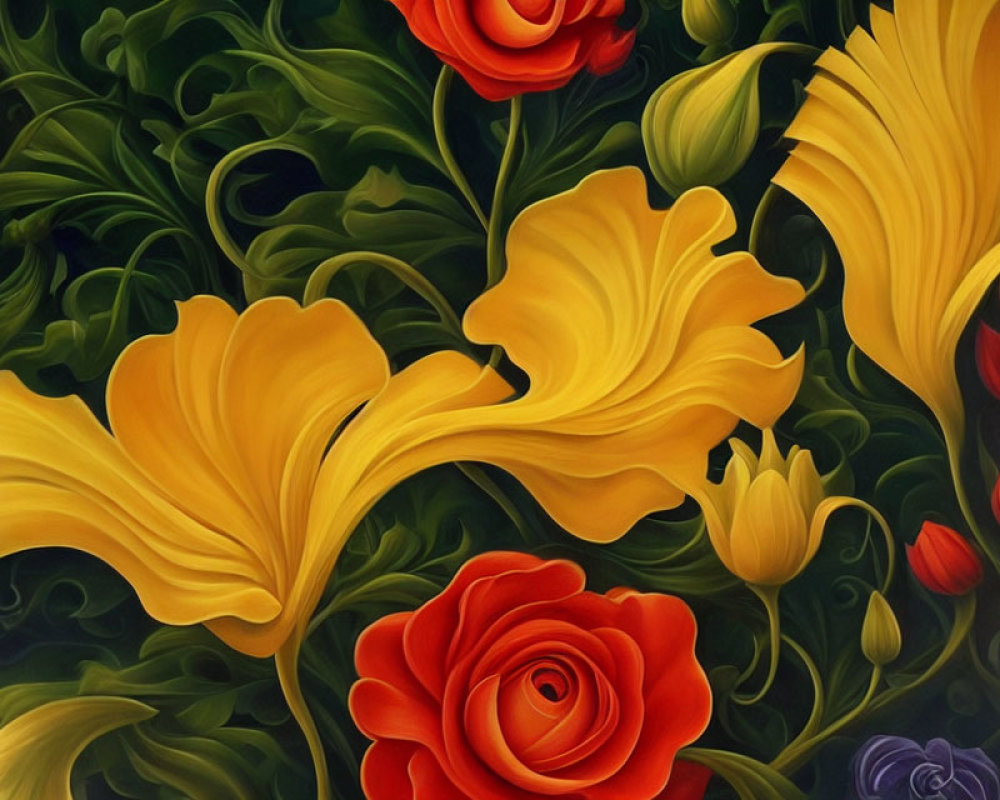 Colorful artwork featuring yellow ginkgo leaves, red rose, and lush green foliage