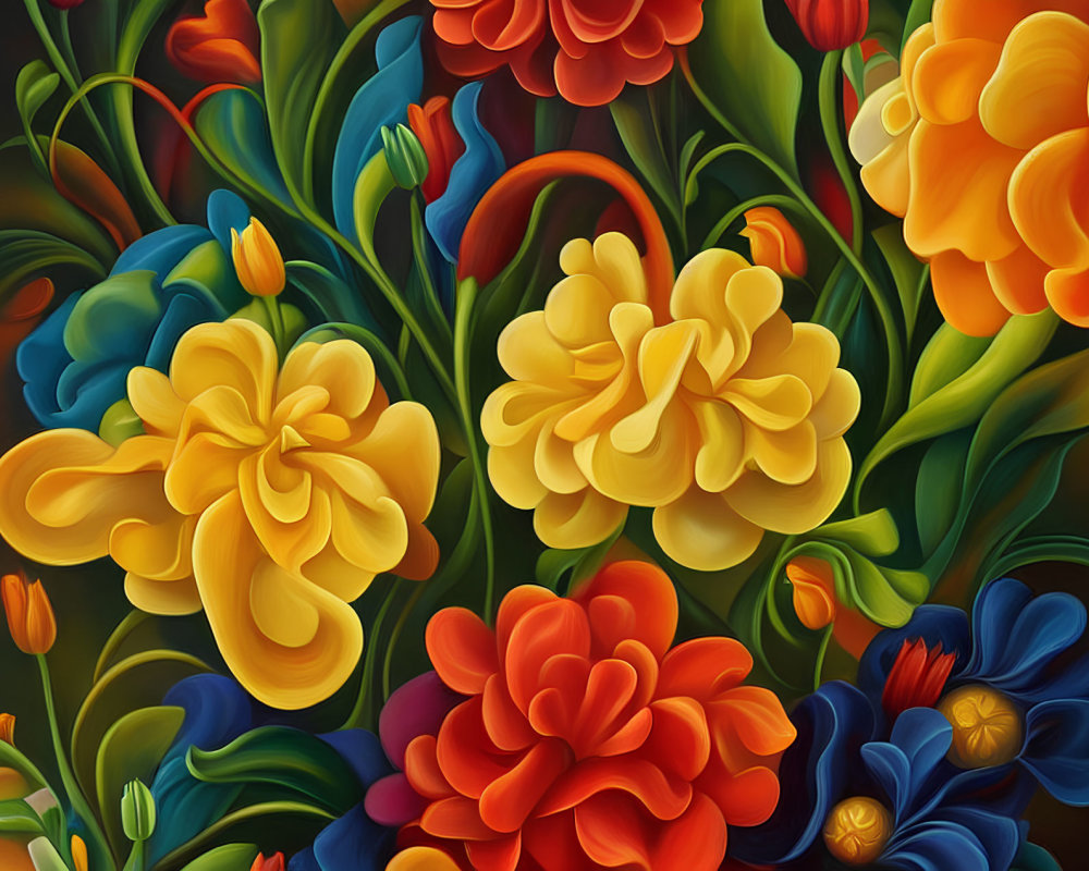 Colorful Stylized Flowers Artwork in Yellow, Red, Orange, and Blue