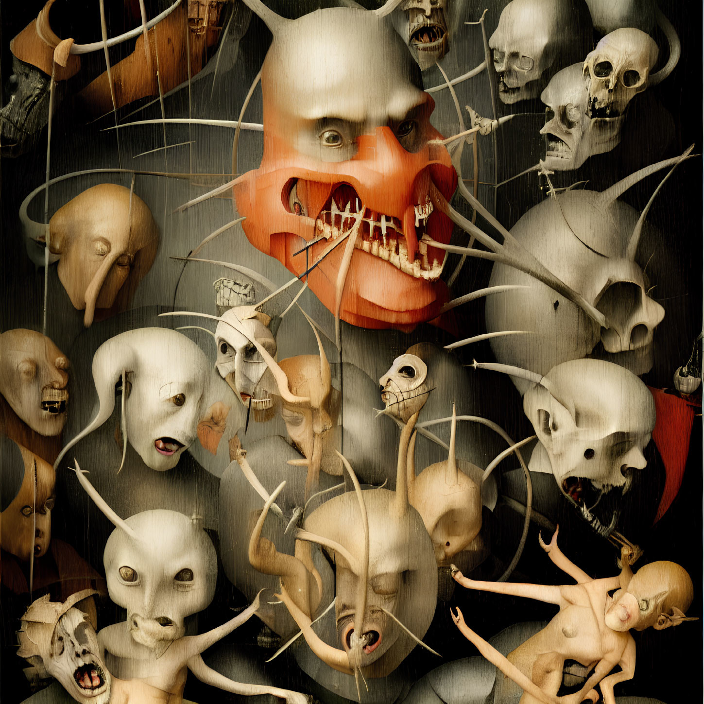 Assorted faces and skulls in surreal dark composition