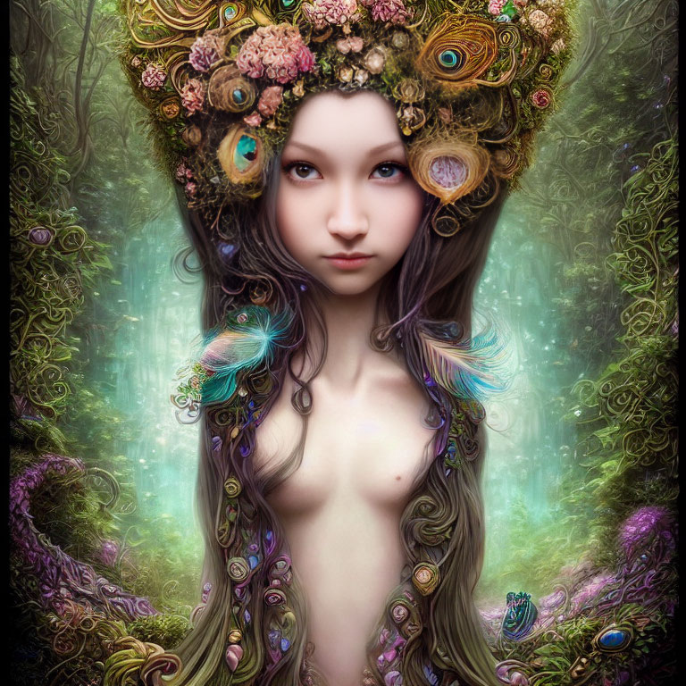 Mystical female figure with floral and peacock feather crown in enchanted forest.