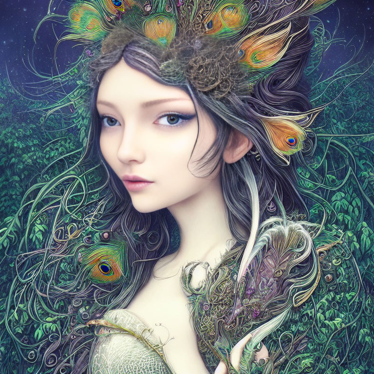 Woman with Peacock Feathers and Metallic Adornments in Surreal Portrait