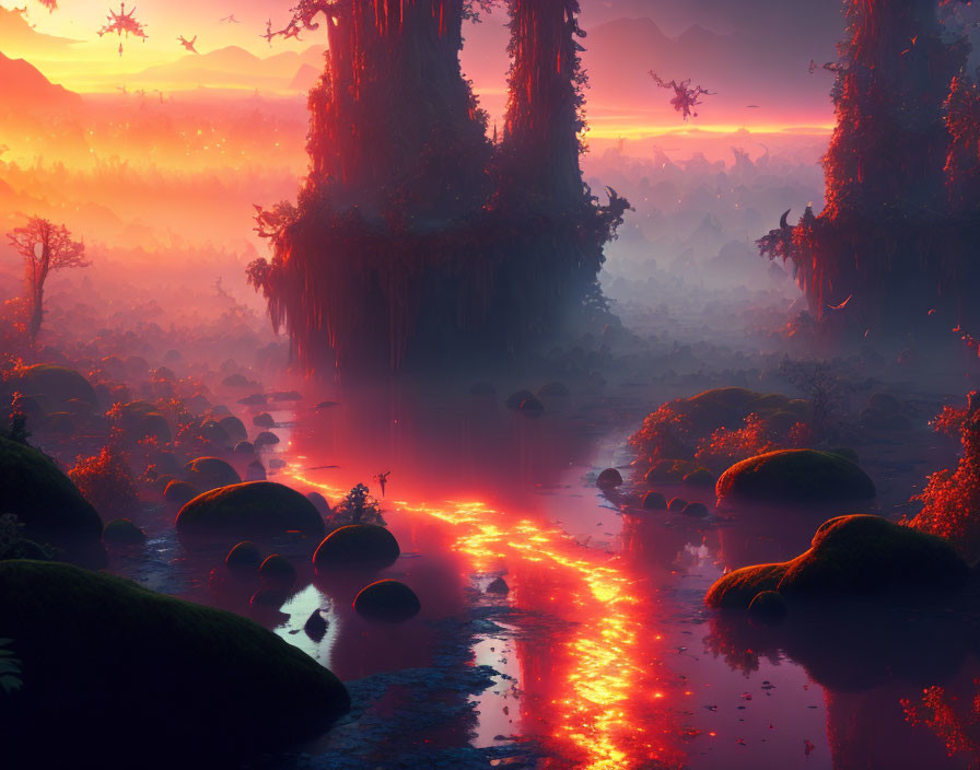 Vibrant red-orange sunset landscape with misty silhouettes and moss-covered rocks