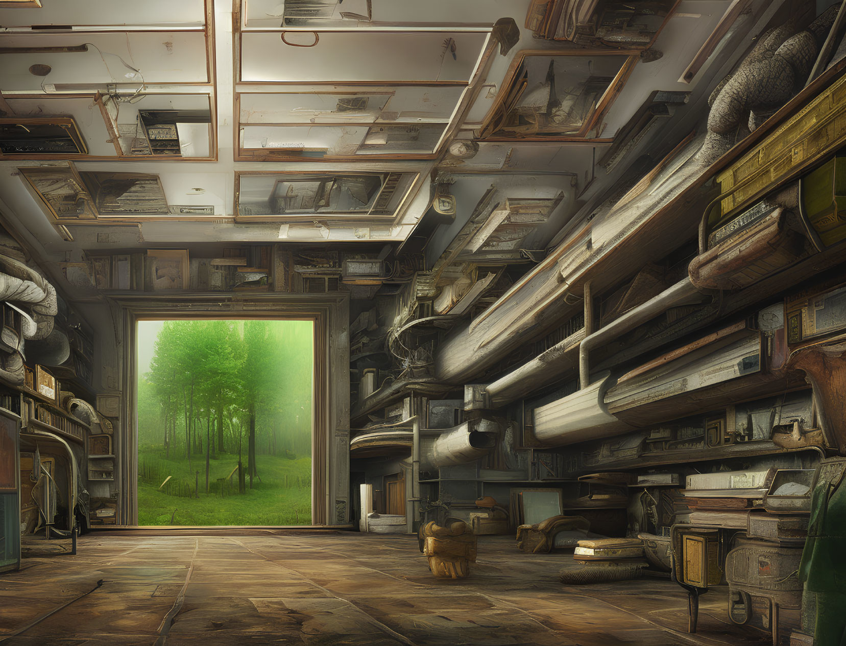 Room with books and furniture upside-down, door to outdoor scene with green trees