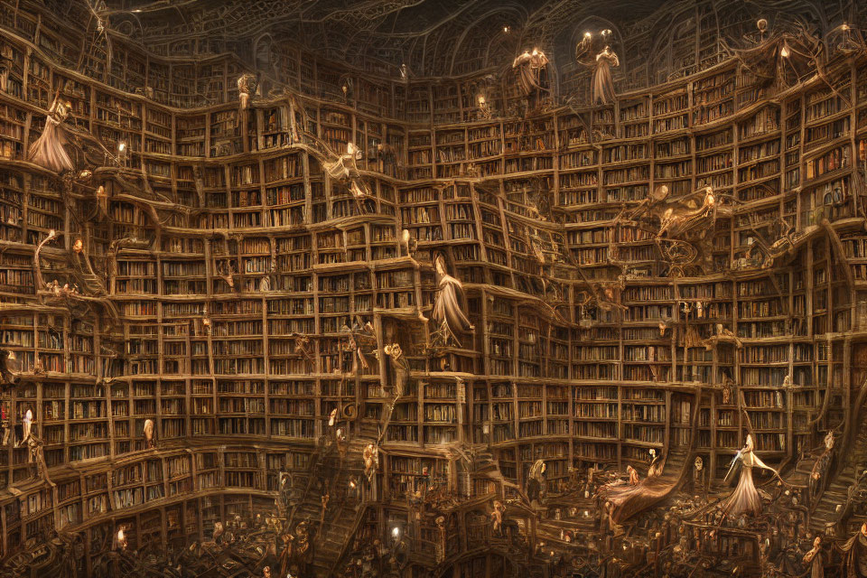 Circular library with towering bookshelves and floating people with orbs