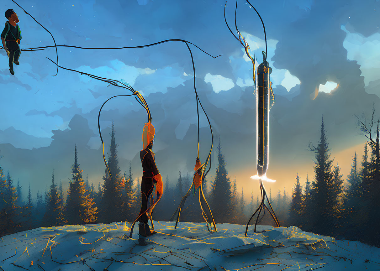 Surreal artwork of giant illuminated figures manipulating glowing strings in twilight forest.