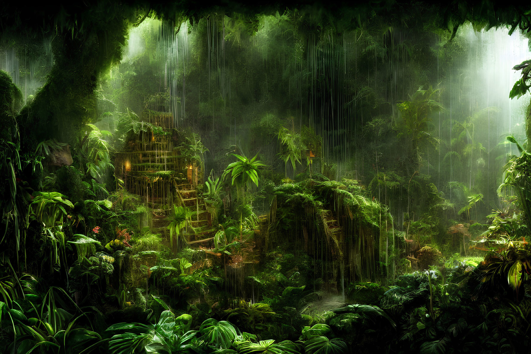 Mystical jungle with ancient ruins in gentle rain
