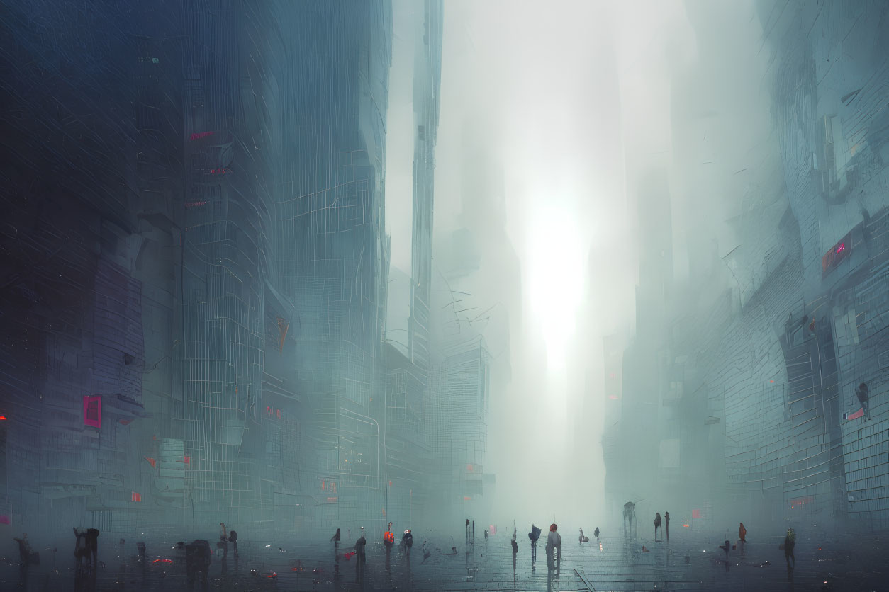 Futuristic cityscape with towering buildings in foggy rain