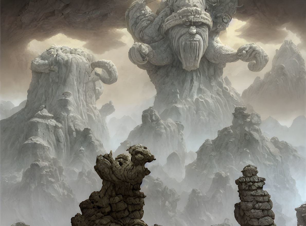 Ancient stone giants with serene expressions in misty mountain peaks