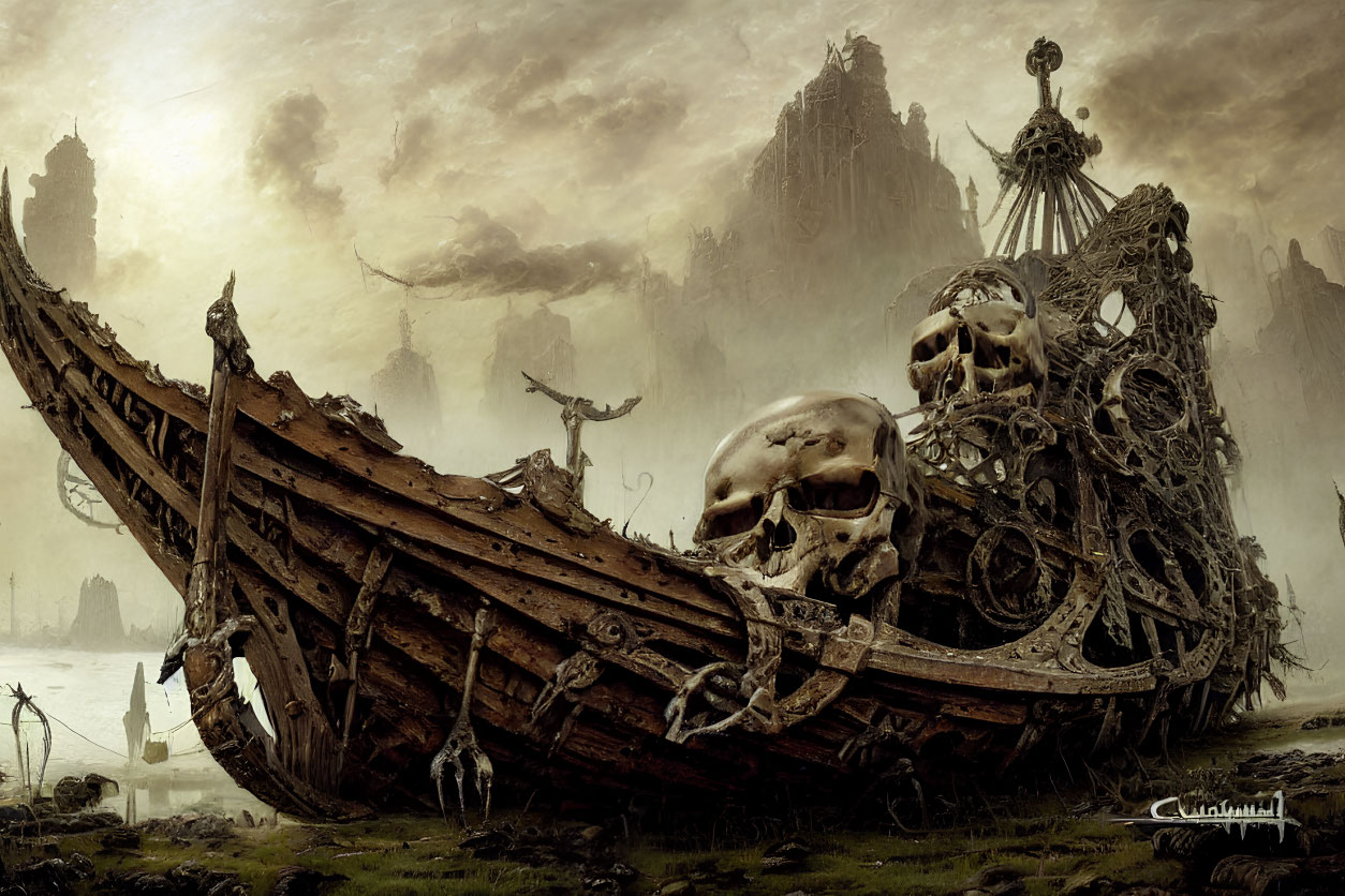 Dystopian landscape with derelict ship, skulls, skeletal structures, and floating islands